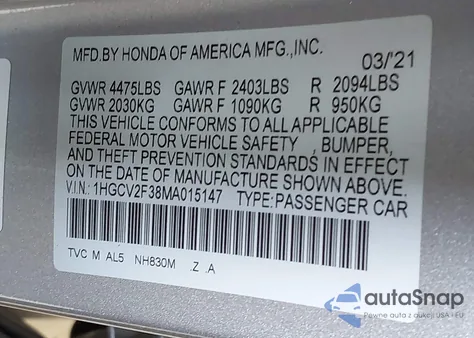 2021 Honda Accord Sport 2.0T z USA, uszkodzony, nr VIN 1HGCV2F38MA015147